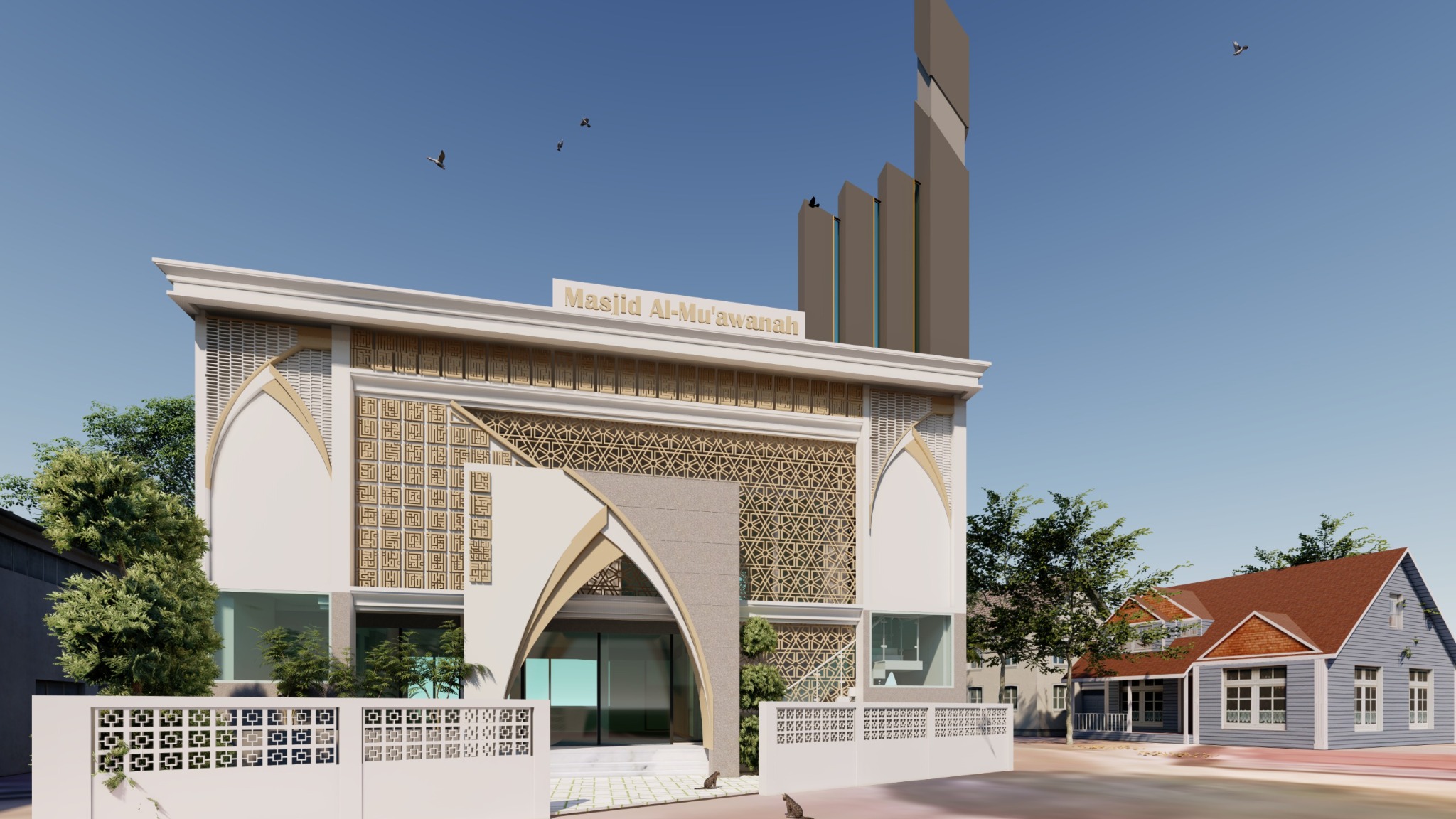Rancangan berkualitas tinggi tampak depan Masjid Al-Muawanah