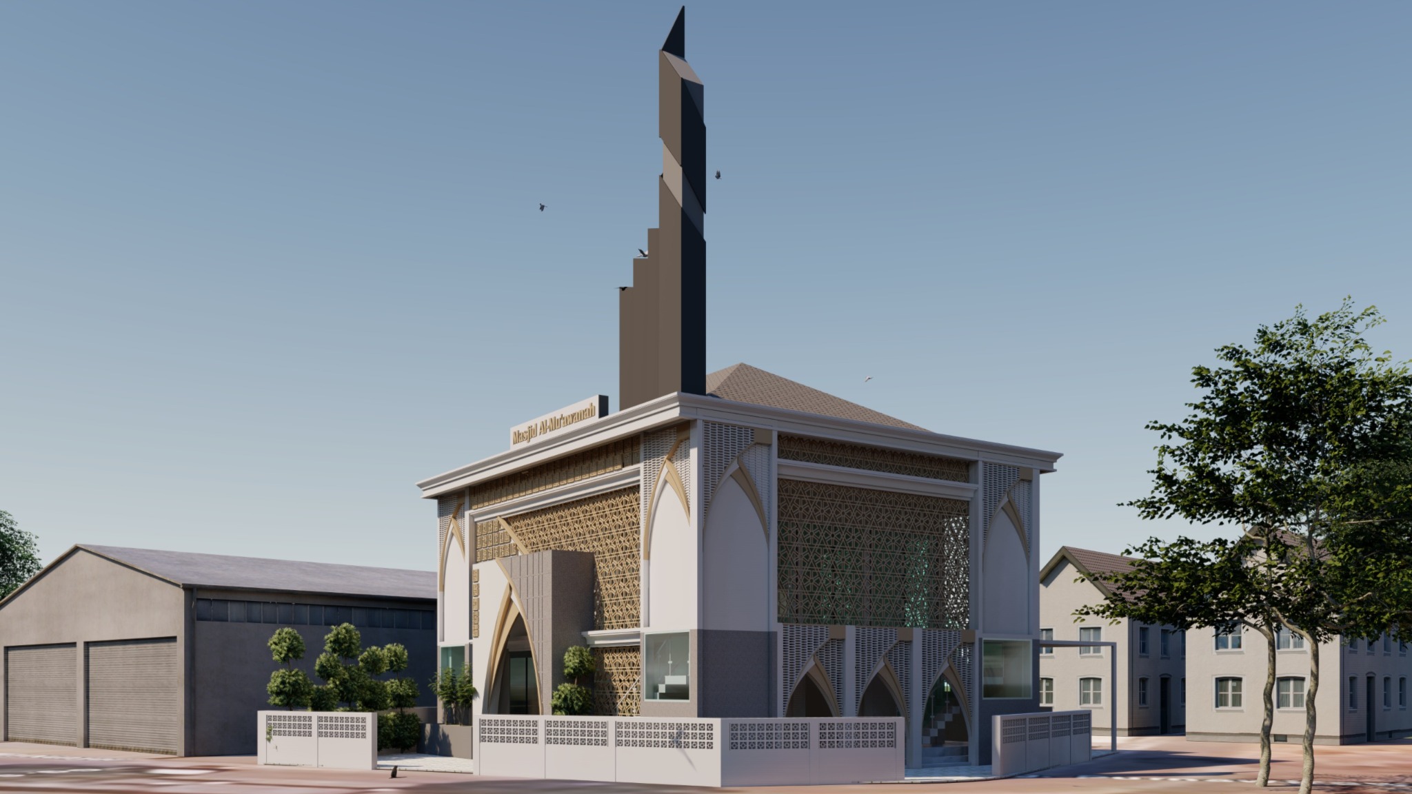 Rancangan Masjid Al-Muawanah dengan menara dari sudut depan